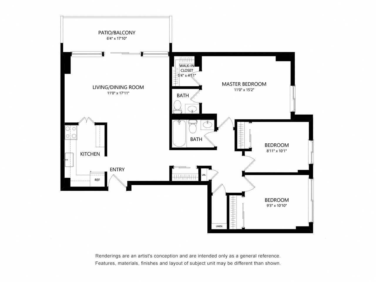 Floor plan for 3 beds, 1.5 baths, 1075 sqft